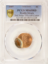 1997 1c Lincoln Cent Double-Struck, 2nd Strike 75% Off-Center PCGS MS65 Red