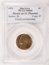 1980-P 5c Jefferson Nickel Struck on Cent Planchet PCGS MS63 RB