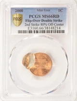 2000 1c Lincoln Cent Flipover Double-Struck, 2nd 80% Off-Center PCGS MS66 Red