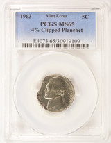 1963 5c Jefferson Nickel 4% Curved Clip PCGS MS65