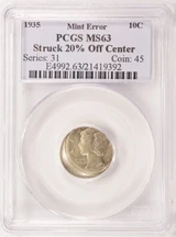 1935 10c Mercury Dime Struck 20% Off-Center PCGS MS63