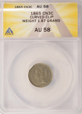 1865 3CN Three Cent Nickel Curved Clip 1.87 Grams ANACS AU58