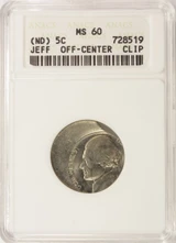 5c Jefferson Nickel Struck Off-Center and Curved Clip ANACS MS60