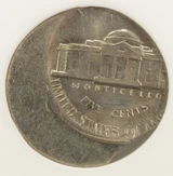 5c Jefferson Nickel Struck Off-Center and Curved Clip ANACS MS60