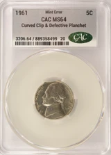1961 5c Jefferson Nickel Curved Clip & Defective Planchet CACG MS64
