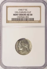 1945-P 5c War Nickel 15% Curved Clip NGC AU58