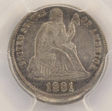 1891 10c Seated Dime Struck 5% Off-Center PCGS AU58