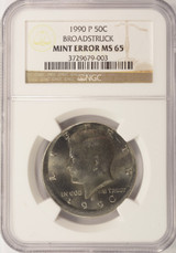 1990-P 50c Kennedy Half Broadstruck NGC MS65