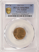1974 1c Lincoln Cent 4% Indent at 7:00 PCGS MS63 RB