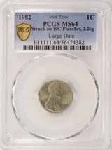 1982 1c Lg Date Lincoln Cent Struck on Dime Planchet 2.26g PCGS MS64