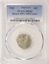 1942 10c Mercury Dime Struck 50% Off-Center PCGS MS62