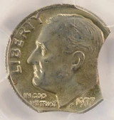 1977 10c Roosevelt Dime 12% Double Curved Clipped PCGS MS65