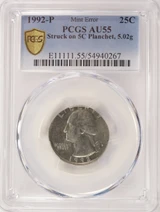 1992-P 25c Washington Quarter Struck on Nickel Planchet PCGS AU55