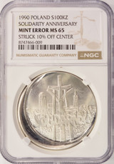 1990 $1 Poland 100K ZL Solidarity Struck 10% Off-Center PCGS MS65