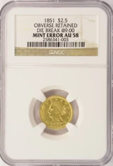 1851 $ 2 1/2 Liberty Quarter Eagle Retained Cud Major Die Break NGC AU58