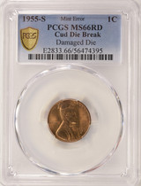 1955-S 1c Wheat Cent Cud Die Break & Die Damage PCGS MS66 Red