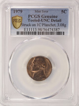 1979 5c Jefferson Nickel Struck on Cent Planchet PCGS UNC Details