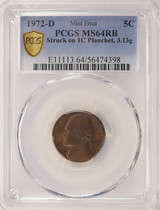 1972-D 5c Jefferson Nickel Struck on Cent Planchet PCGS MS64 RB