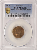 1979 5c Jefferson Nickel Struck on Cent Planchet PCGS MS63 RB