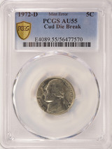 1972-D 5c Jefferson Nickel Cud Major Die Break PCGS AU55