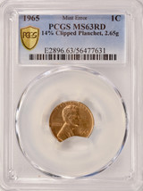 1965 1c Lincoln Cent 14% Clipped Planchet 2.65g PCGS MS63 Red