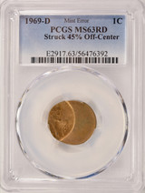 1969-D 1c Lincoln Cent Struck 45% Off-Center PCGS MS63 Red