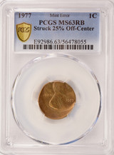 1977 1c Lincoln Cent Struck 25% Off-Center PCGS MS63 RB