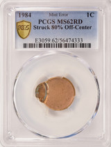 1984 1c Lincoln Cent Struck 80% Off-Center PCGS MS62 Red