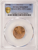 1990 1c Lincoln Cent Struck 40% Off-Center PCGS MS65 Red
