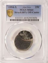 1994-x 25c Washington Quarter Struck 60% Off-Center PCGS MS64