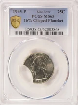 1995-P 25c Washington Quarter 16% Curved Clip PCGS MS65