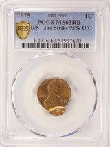 1975 1c Lincoln Cent Double-Struck, 2nd 95% Off-Center PCGS MS63 RB