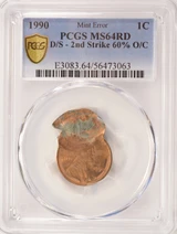 1990 1c PCGS Lincoln Cent Double-Struck, 2nd 60% Off-Center PCGS MS64 Red
