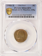 1980-x 5c Jefferson Nickel Struck on Cent Planchet 3.08g PCGS MS62 BN