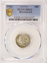 1941 10c Mercury Dime Broadstruck PCGS MS62