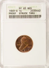 1971-S Proof 1c Lincoln Cent Major Struck Thru Obverse ANACS PF65 Red
