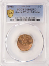 1988 1c Lincoln Cent Struck 35% Off-Center PCGS MS62 Red
