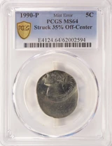 1990-P 5c Jefferson Nickel Struck 35% Off-Center PCGS MS64