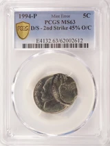 1994-P 5c Jefferson Nickel Double-Struck, 2nd 45% Off-Center PCGS MS63
