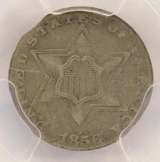 1856 3CS There Cent Silver 2% Curved Clip PCGS VF30