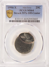 1994-x 25c Washington Quarter Struck 55% Off-Center PCGS MS64