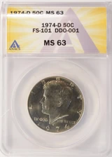 1974-D 50c Kennedy Half FS-101 & DDO#1 Doubled Die ANACS MS63