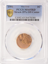 1991 1c Lincoln Cent Struck 35% Off-Center PCGS MS65 Red