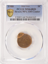 1980 1c Lincoln Cent Struck 90% Off-Center PCGS MS64 Red