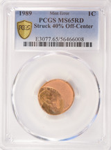 1989 1c Lincoln Cent Struck 40% Off-Center PCGS MS65 Red
