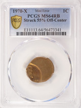 1970-x 1c Lincoln Cent Struck 55% Off-Center PCGS MS64 RB