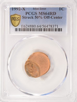 1992-x 1c Lincoln Cent Struck 50% Off-Center PCGS MS64 Red