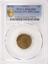 1920 1c Wheat Cent Struck 20% Off-Center PCGS MS64 RB