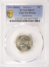 ND 5c Jefferson Nickel Cud Die Break PCGS MS65