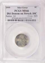 2000 1c Lincoln Cent Struck on 10c Double-Denomination PCGS MS66